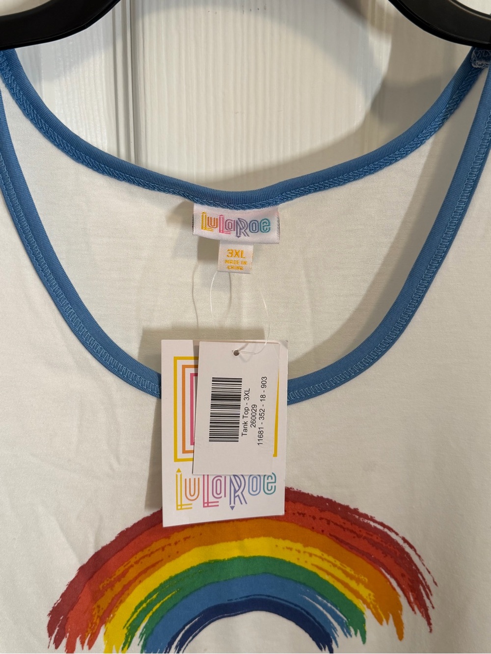 NWT LuLaRoe White Tank Top with Rainbow Graphic and Blue Trim Women’s Plus Size - Picture 2 of 4